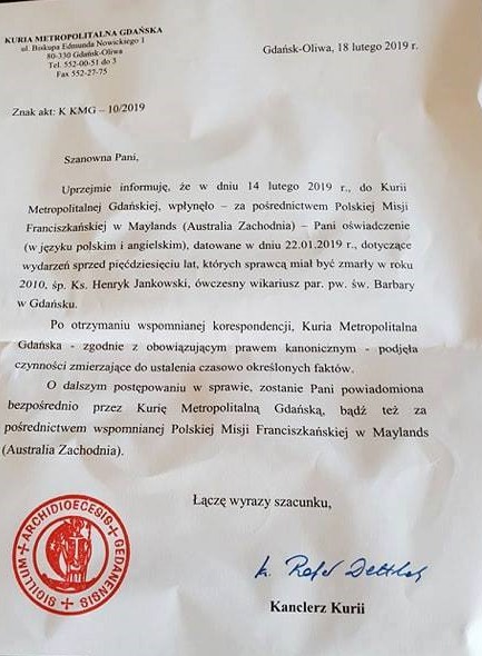 Pismo kurii gdańskiej do Barbary Borowieckiej